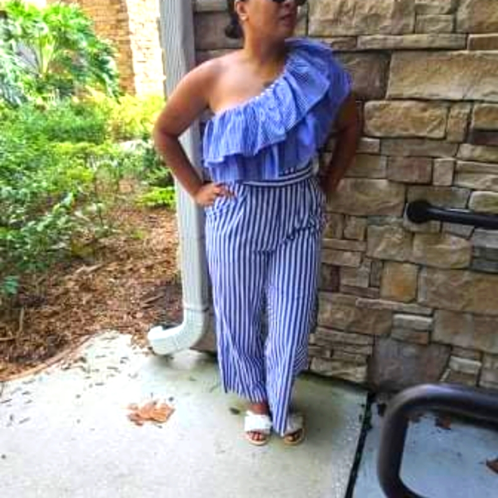 JCrew one shoulder striped jumpsuit